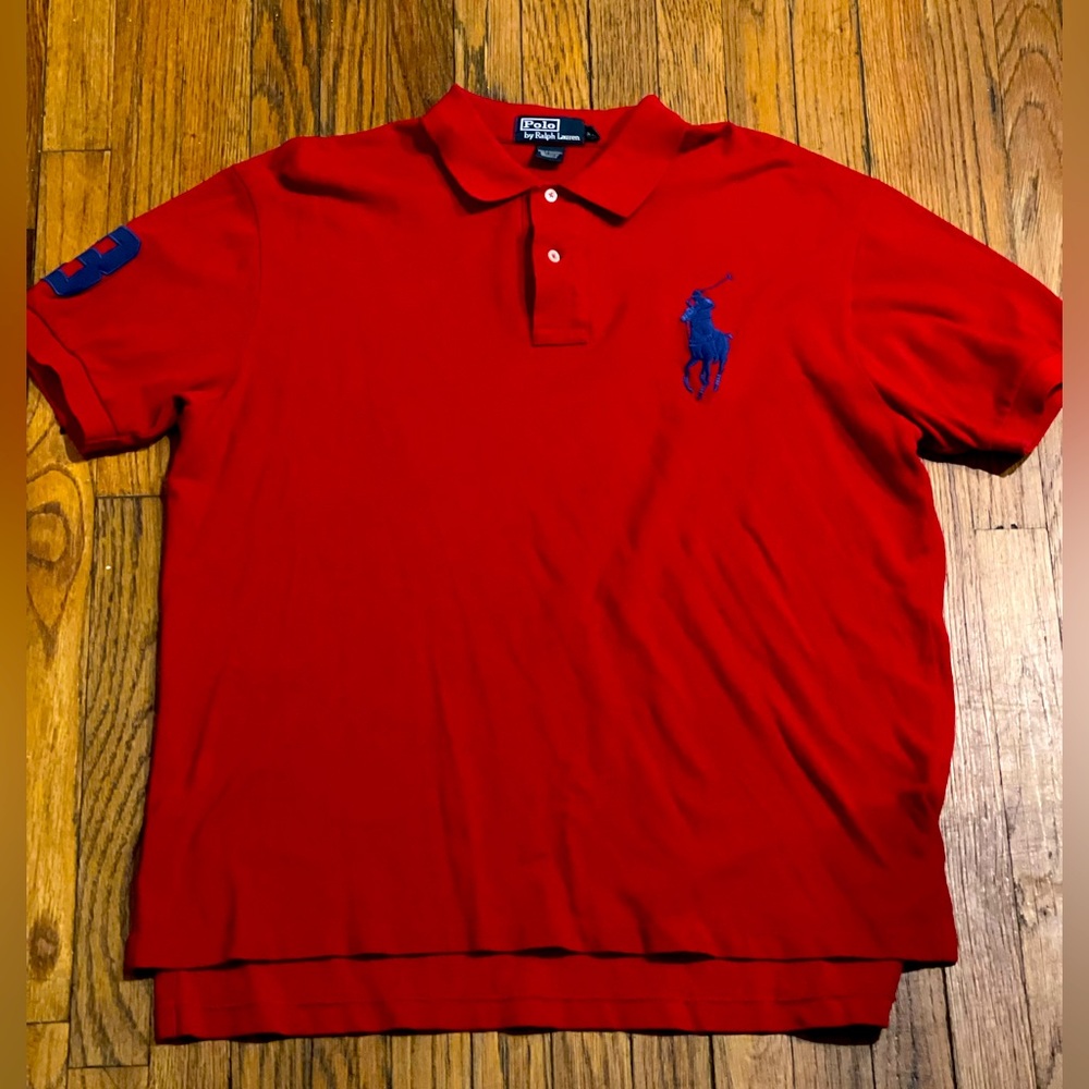 Polo Ralph Lauren Men’s Red mesh shirt with Blue big pony and #3 on sleeve. XL